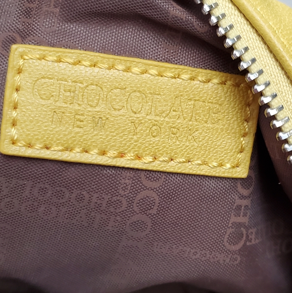 Chocolate New York Rosette Crossbody Mini Bag, Mustard, Silver Chain, EUC - Picture 10 of 16